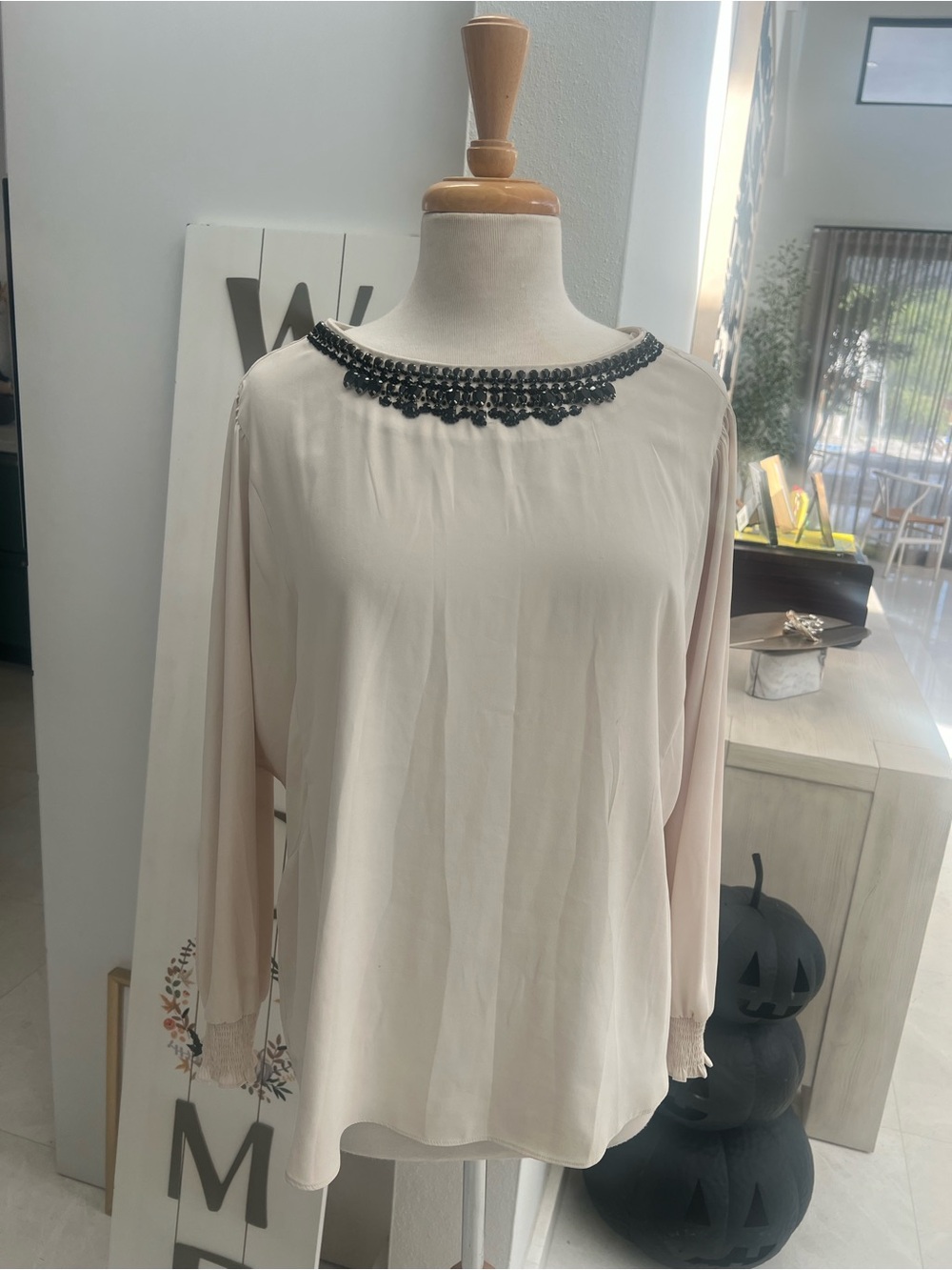 Chico's Cream Blouse with Black Beaded Neckline